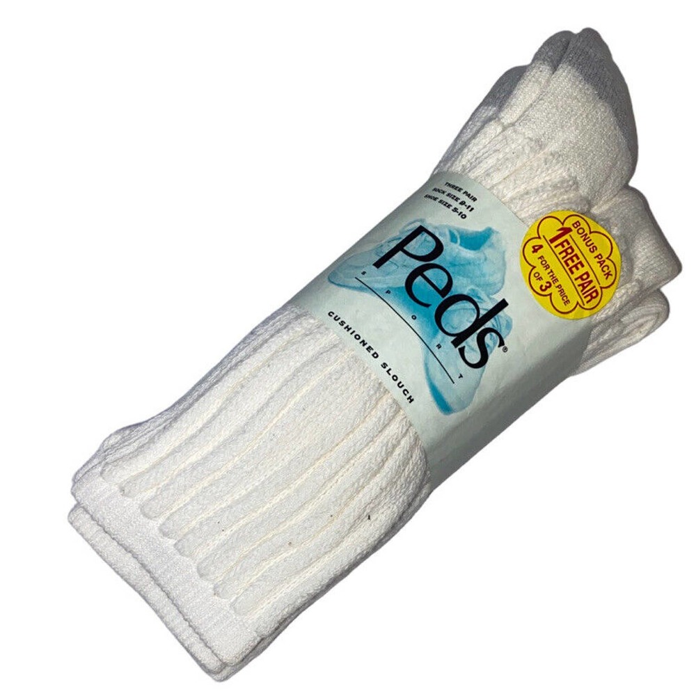 Vtg NOS Peds Sport Slouch Socks 4 Pack White Ribbed USA Made Shoe Sz 5-10
